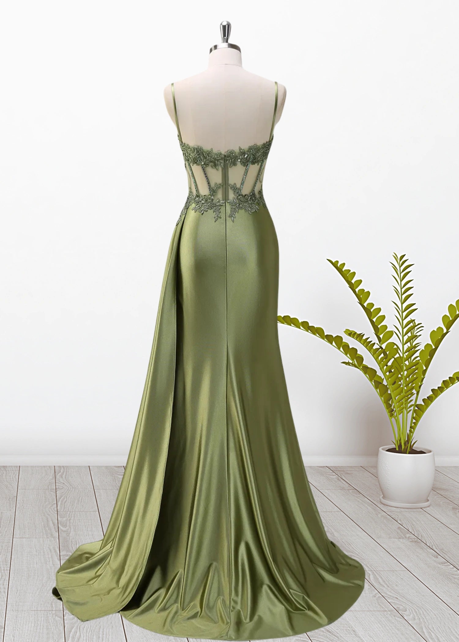 Paula | Silver Emerald Green Mermaid Corset Pleated Satin Formal Dress with Train - Sage - PromDressClub