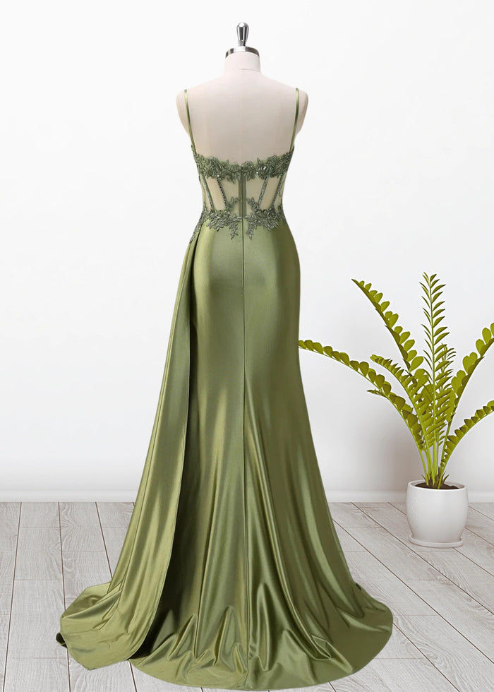 Paula | Silver Emerald Green Mermaid Corset Pleated Satin Formal Dress with Train - Sage - PromDressClub