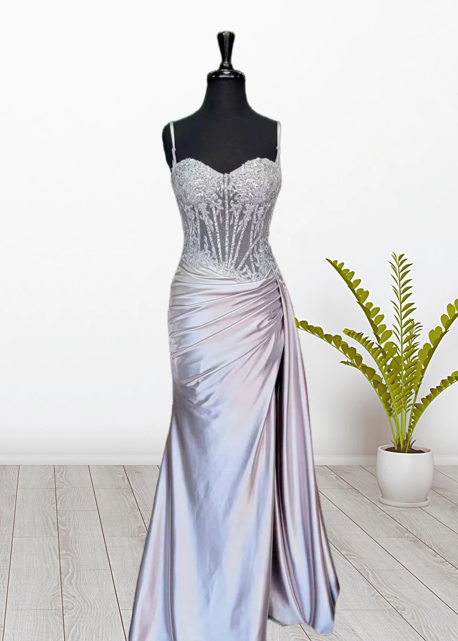 Paula | Silver Emerald Green Mermaid Corset Pleated Satin Formal Dress with Train - Dusty Blue - PromDressClub