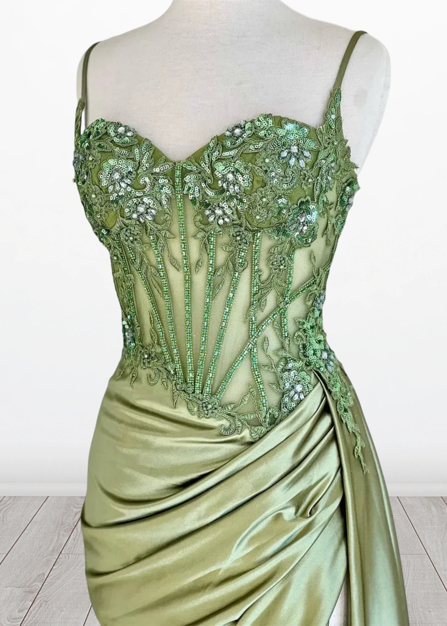 Paula | Silver Emerald Green Mermaid Corset Pleated Satin Formal Dress with Train - Sage - PromDressClub