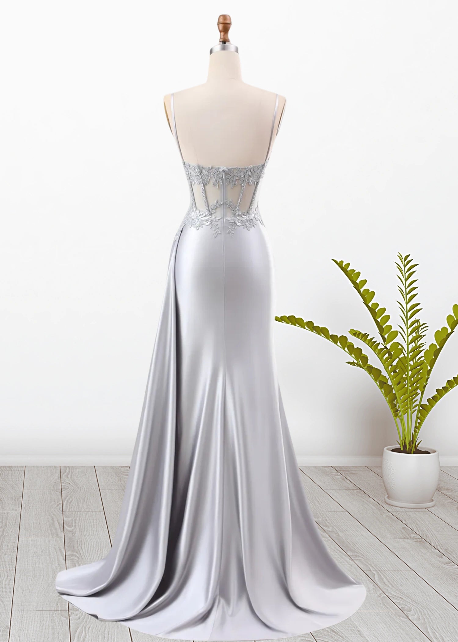 Paula | Silver Emerald Green Mermaid Corset Pleated Satin Formal Dress with Train - Silver - PromDressClub