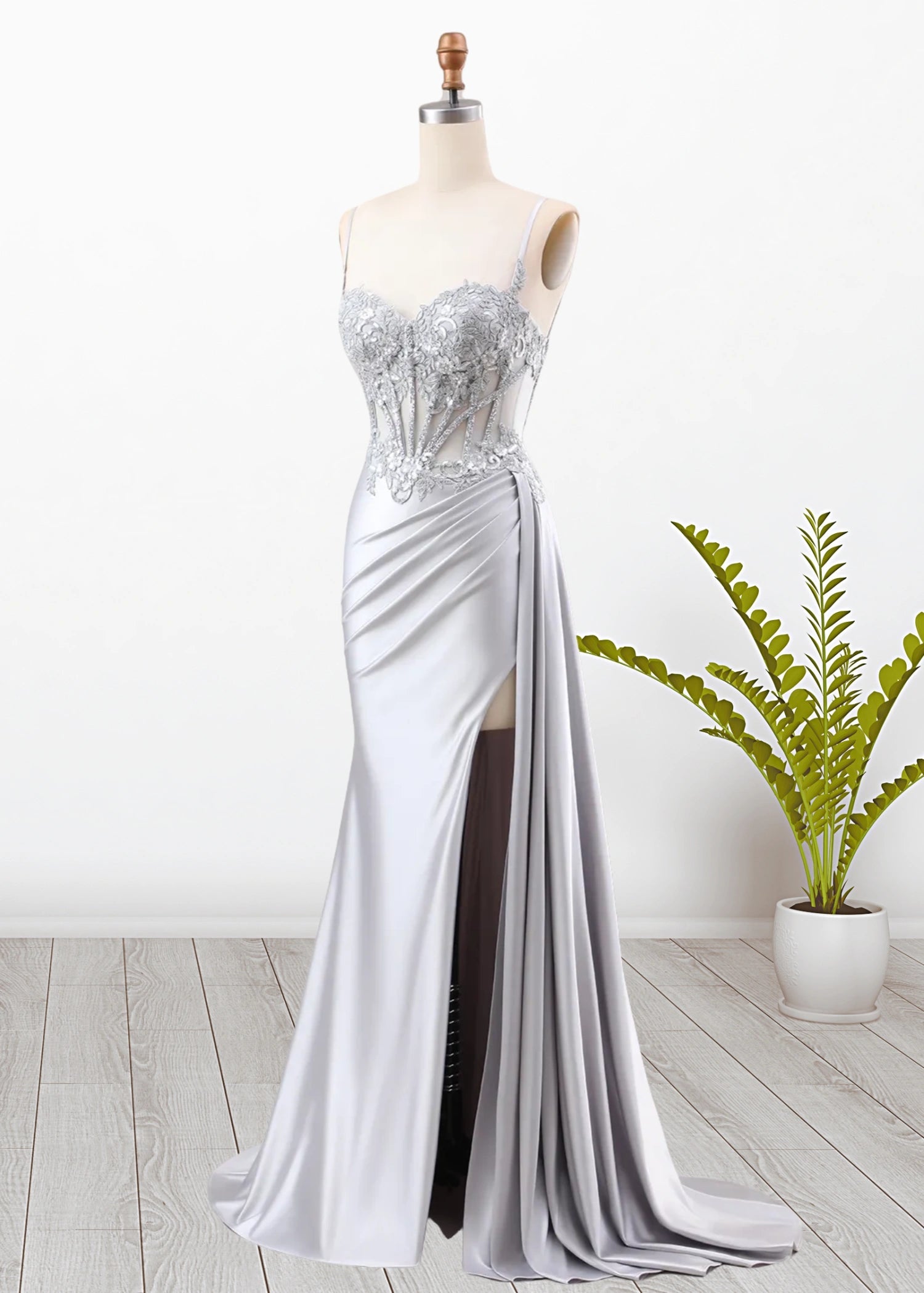 Paula | Silver Emerald Green Mermaid Corset Pleated Satin Formal Dress with Train - Silver - PromDressClub