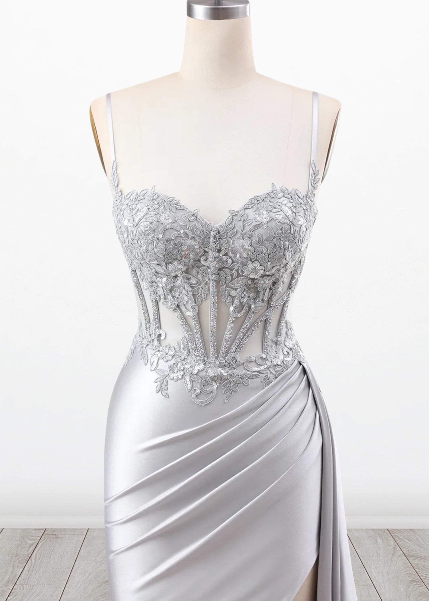 Paula | Silver Emerald Green Mermaid Corset Pleated Satin Formal Dress with Train - Silver - PromDressClub