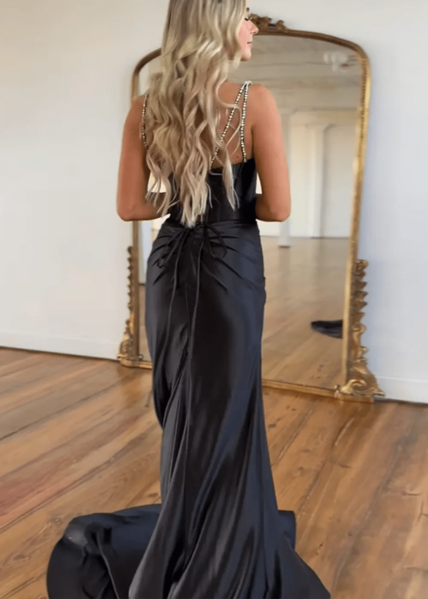 Susan | Fuchsia Mermaid Beaded Satin Prom Dress with Train - Black - PromDressClub