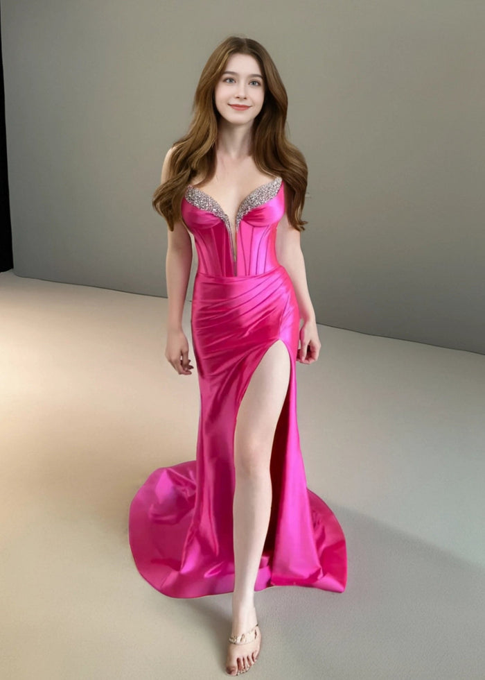 Susan | Fuchsia Mermaid Beaded Satin Prom Dress with Train - Fuchsia - PromDressClub
