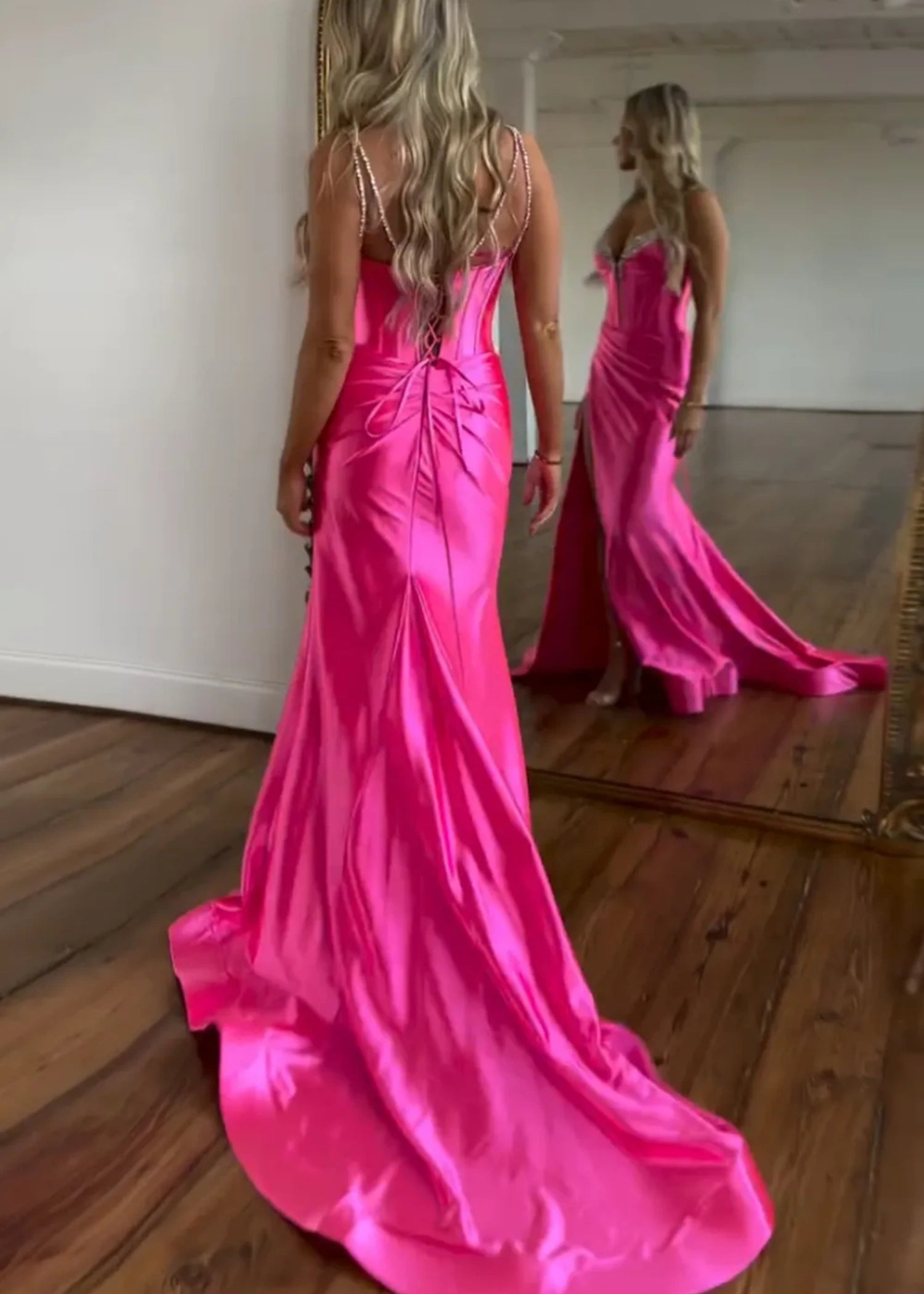 Susan | Fuchsia Mermaid Beaded Satin Prom Dress with Train - Fuchsia - PromDressClub