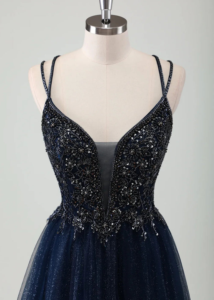 Meroy | A - Line Spaghetti Straps Tulle Long Corset Glitter Navy Prom Dress With Beaded - Navy Blue - PromDressClub