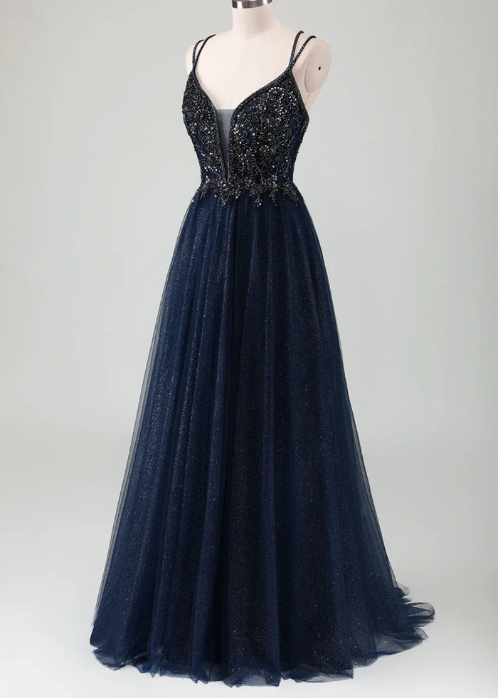 Meroy | A - Line Spaghetti Straps Tulle Long Corset Glitter Navy Prom Dress With Beaded - Navy Blue - PromDressClub