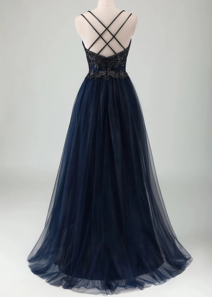Meroy | A - Line Spaghetti Straps Tulle Long Corset Glitter Navy Prom Dress With Beaded - Navy Blue - PromDressClub