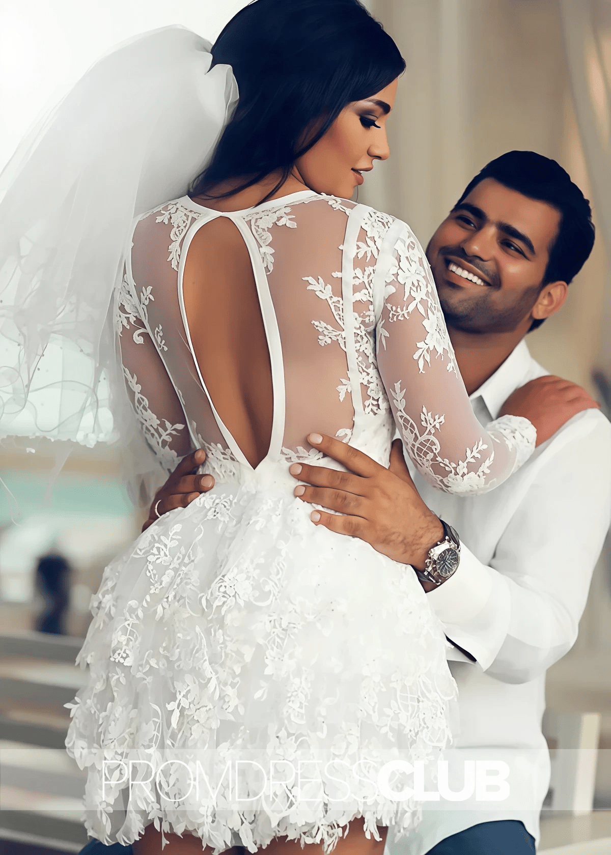 Meroy |Short - Mini White Wedding Dresses Near Me With A - Line Scoop Lace Applique Long Sleeves - Price #price_variant_lowest# - White - PromDressClub