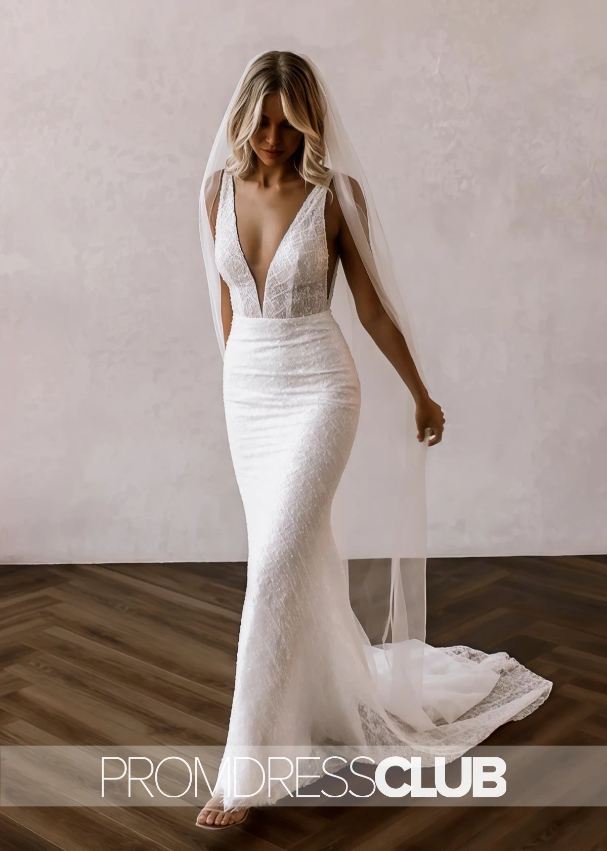 Merry |Long White Wedding Dresses Near Me With Sparkly Mermaid V Neck Sequins Lace - Price #price_variant_lowest# - White - PromDressClub