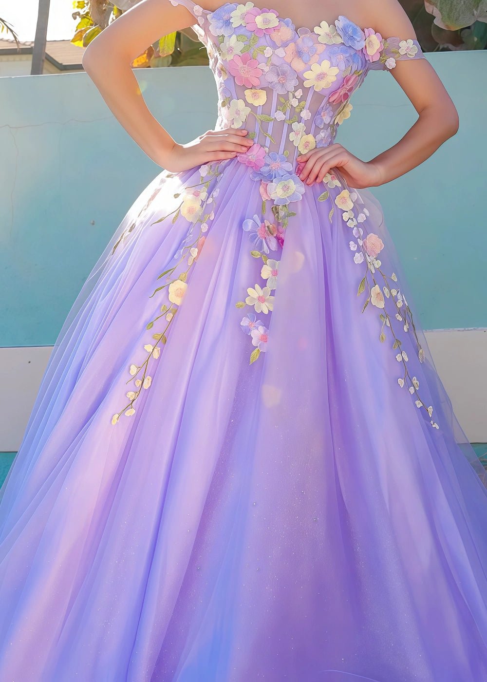 Mia | Exquisite Light Blue Off the Shoulder Flower Corset Prom Dress - Lavender Floral - PromDressClub