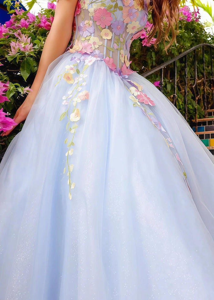 Mia | Exquisite Light Blue Off the Shoulder Flower Corset Prom Dress - Light Blue Floral - PromDressClub