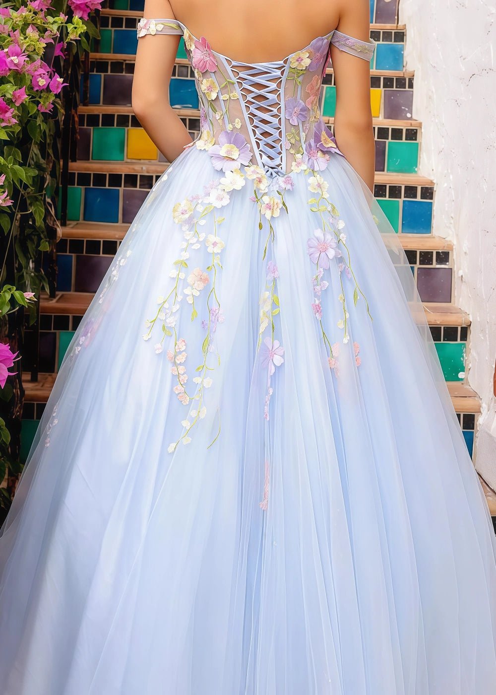 Mia | Exquisite Light Blue Off the Shoulder Flower Corset Prom Dress - Light Blue Floral - PromDressClub