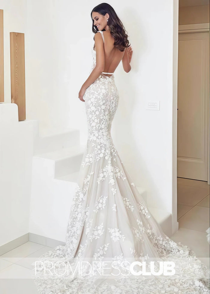 Michaelia |White Long Beach Wedding Dresses Near Me With Straps Mermaid Lace Appliqued Bridal Gowns - Price #price_variant_lowest# - White - PromDressClub