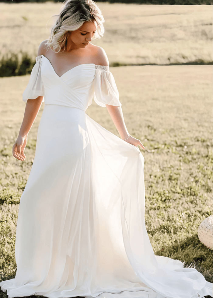 Michelle | Off the Shoulder Puff Sleeve Chiffon Bridal Gown for Outdoor Weddings - Ivory - PromDressClub