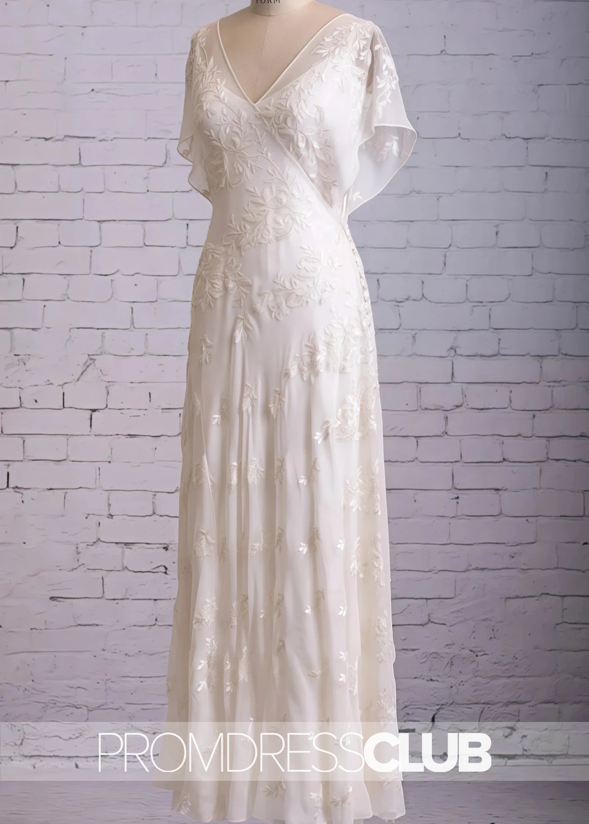Mildred |Long White Wedding Dresses Near Me With Vintage Graceful Floral V - neck V - back Side Button Decorated Lace Butterfly Sleeves - Price #price_variant_lowest# - White - PromDressClub