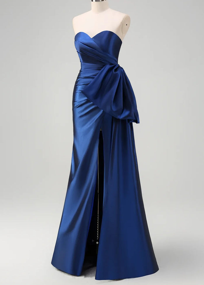 Mirabelle | Mermaid Sweetheart Sheath Satin Ruched Long Royal Blue Prom Dress with Slit - Royal Blue - PromDressClub