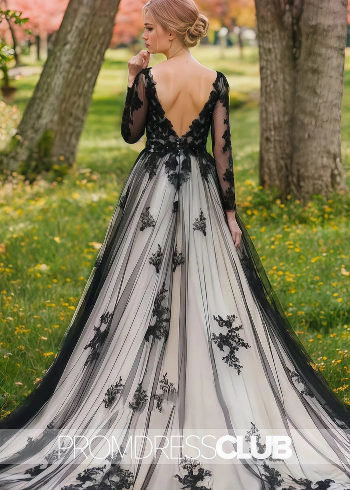 Miranda |Black And White Long Wedding Dresses Near Me With Non - Traditional Gothic Boho Lace Flowy Forest Sleeved Backless Bridal Gown Court Train - Price #price_variant_lowest# - White - PromDressClub
