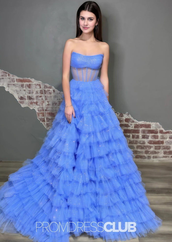 Miriam | Sparkle A Line Tiered Tulle Hot Pink Formal Dress Stores Near Me - Price #price_variant_lowest# - Blue - PromDressClub