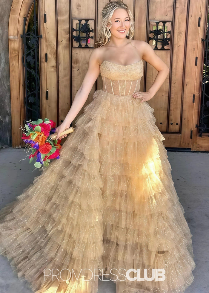 Miriam | Sparkle A Line Tiered Tulle Hot Pink Formal Dress Stores Near Me - Price #price_variant_lowest# - Gold - PromDressClub
