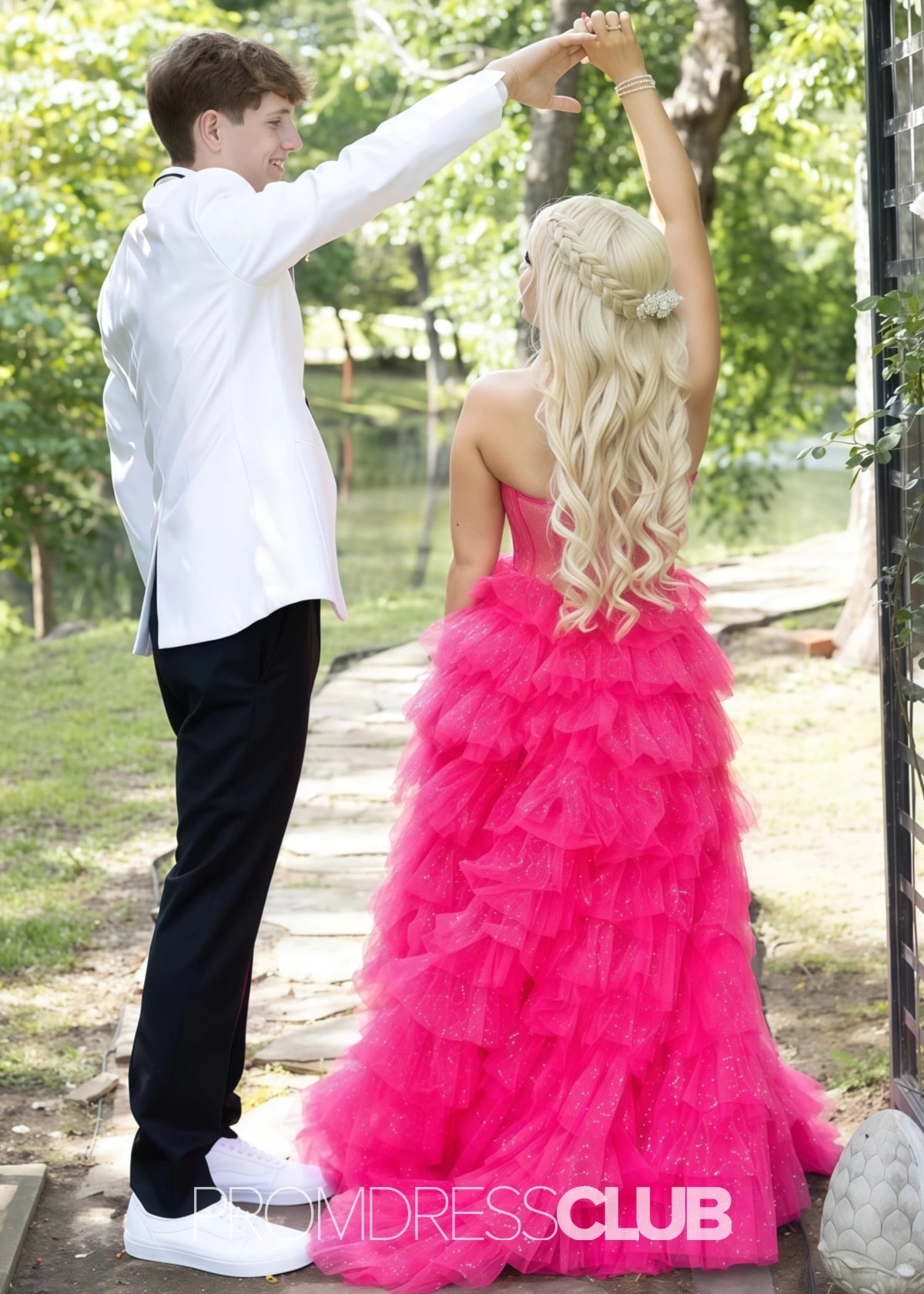 Miriam | Sparkle A Line Tiered Tulle Hot Pink Formal Dress Stores Near Me - Price #price_variant_lowest# - Hot Pink - PromDressClub