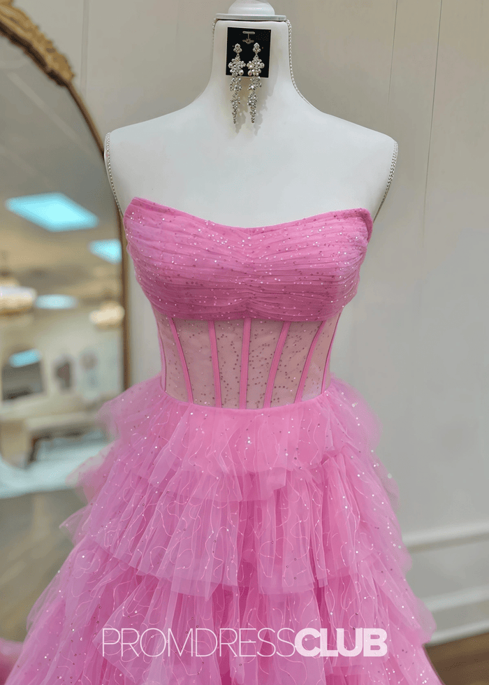 Miriam | Sparkle A Line Tiered Tulle Hot Pink Formal Dress Stores Near Me - Price #price_variant_lowest# - Pink - PromDressClub