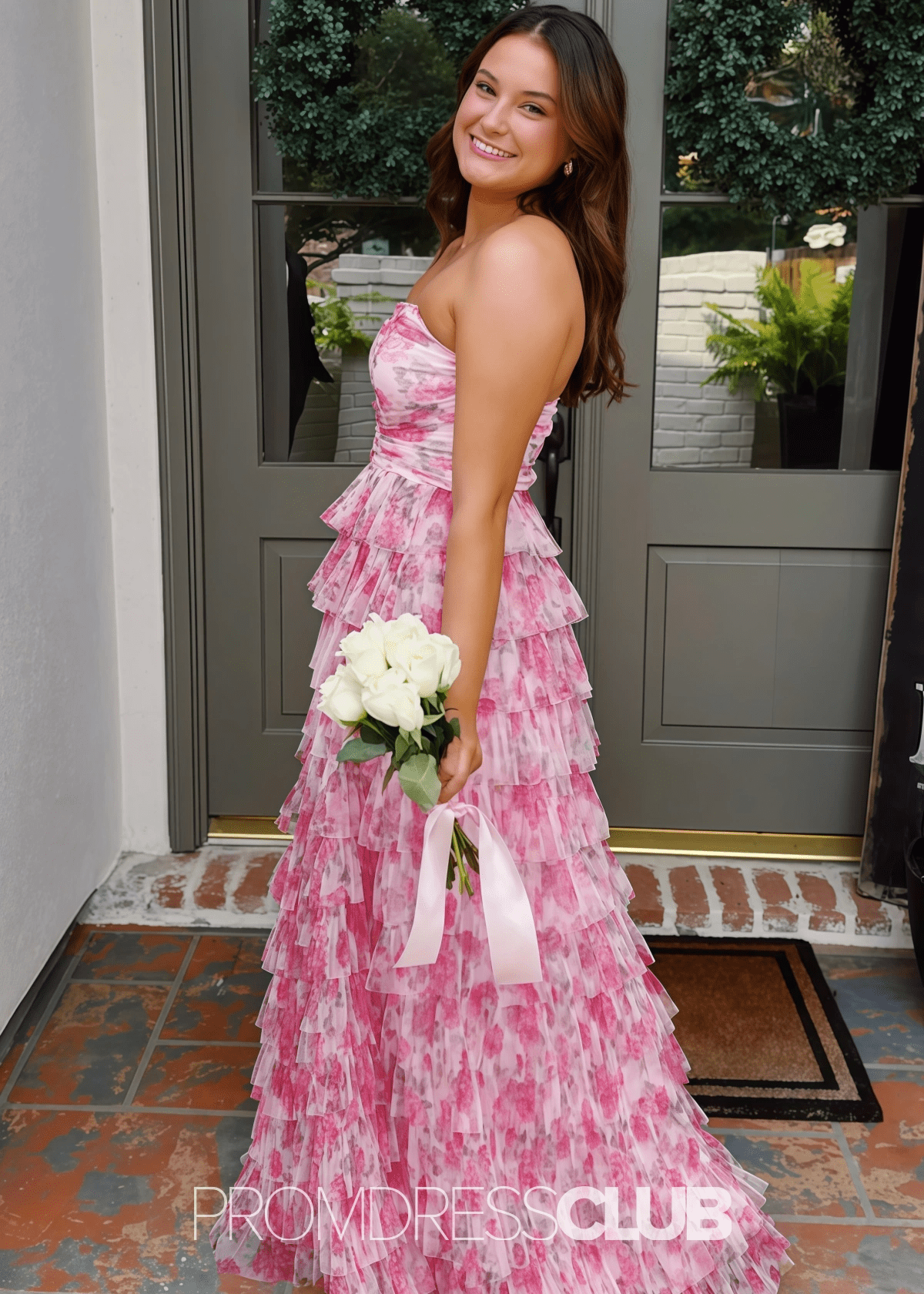 A Line Pink Floral Print Ruffled Long Formal Dress Stores Near Me