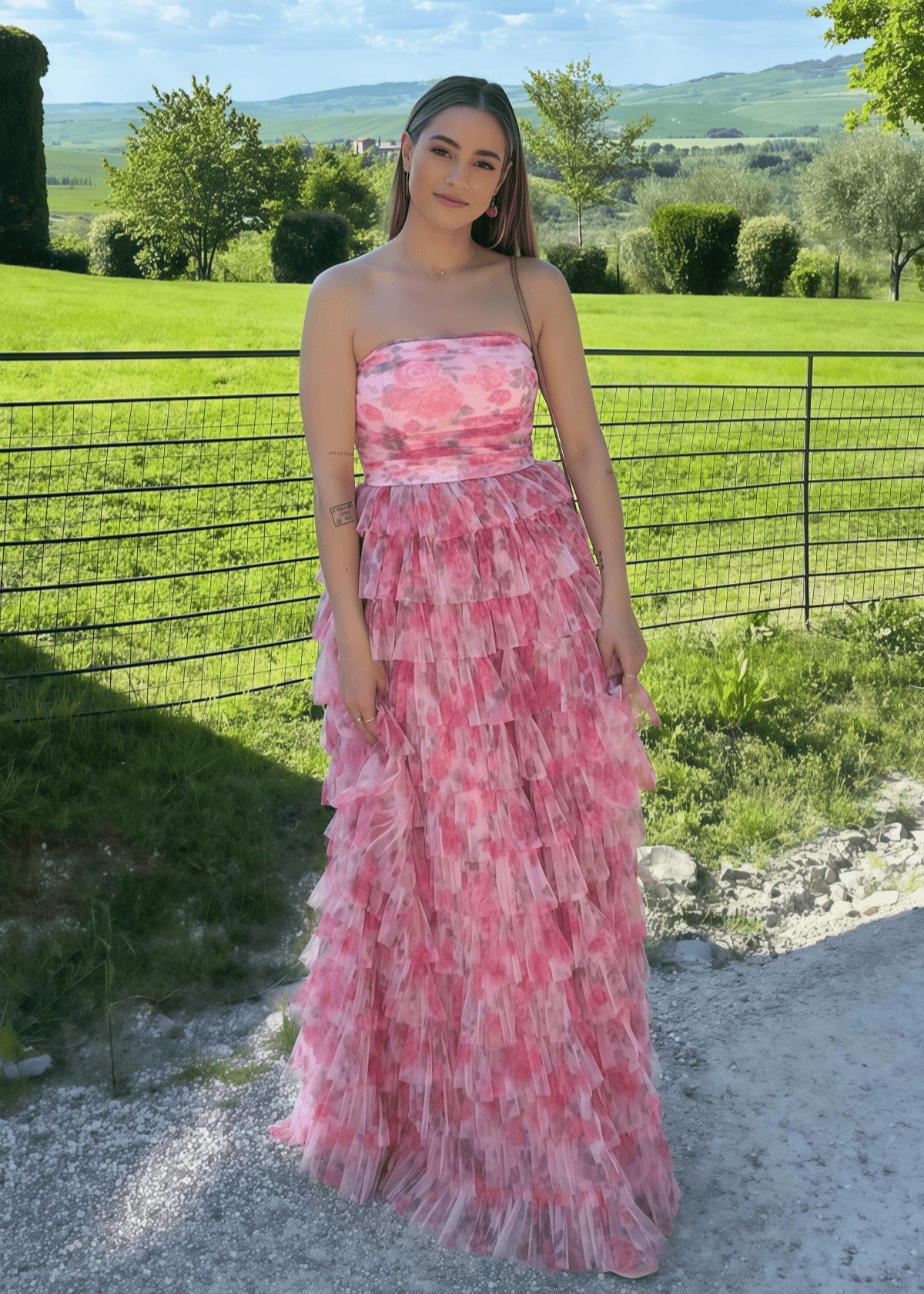 Modesty | A Line Pink Floral Print Ruffled Long Formal Dress Stores Near Me - Price #price_variant_lowest# - Pink Floral - PromDressClub