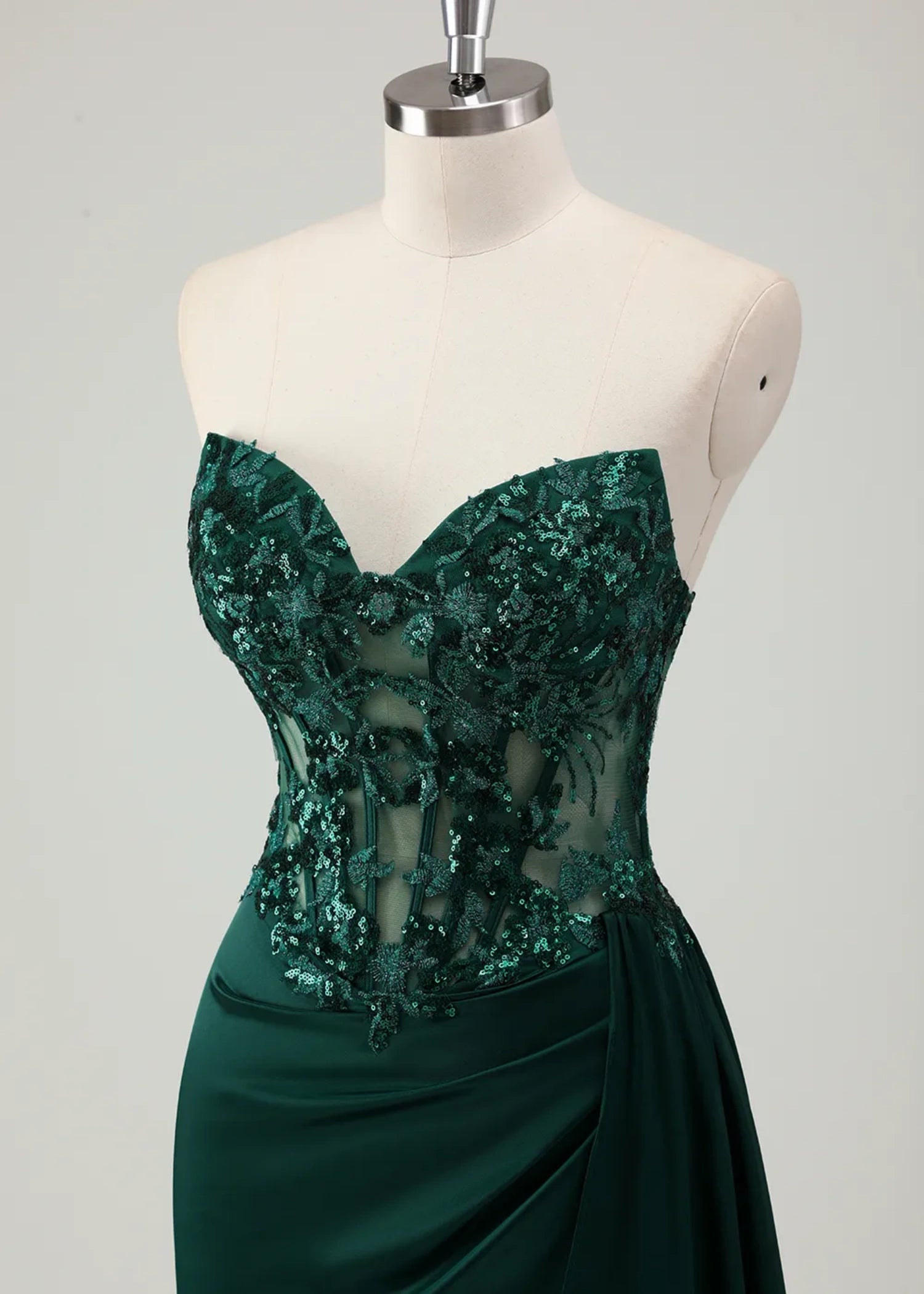 Molly | Mermaid Sweetheart Satin Corset Long Glitter Dark Green Prom Dress with Appliques - Dark Green - PromDressClub