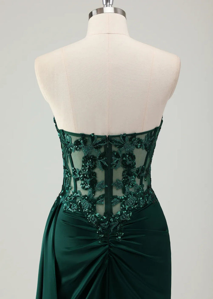 Molly | Mermaid Sweetheart Satin Corset Long Glitter Dark Green Prom Dress with Appliques - Dark Green - PromDressClub