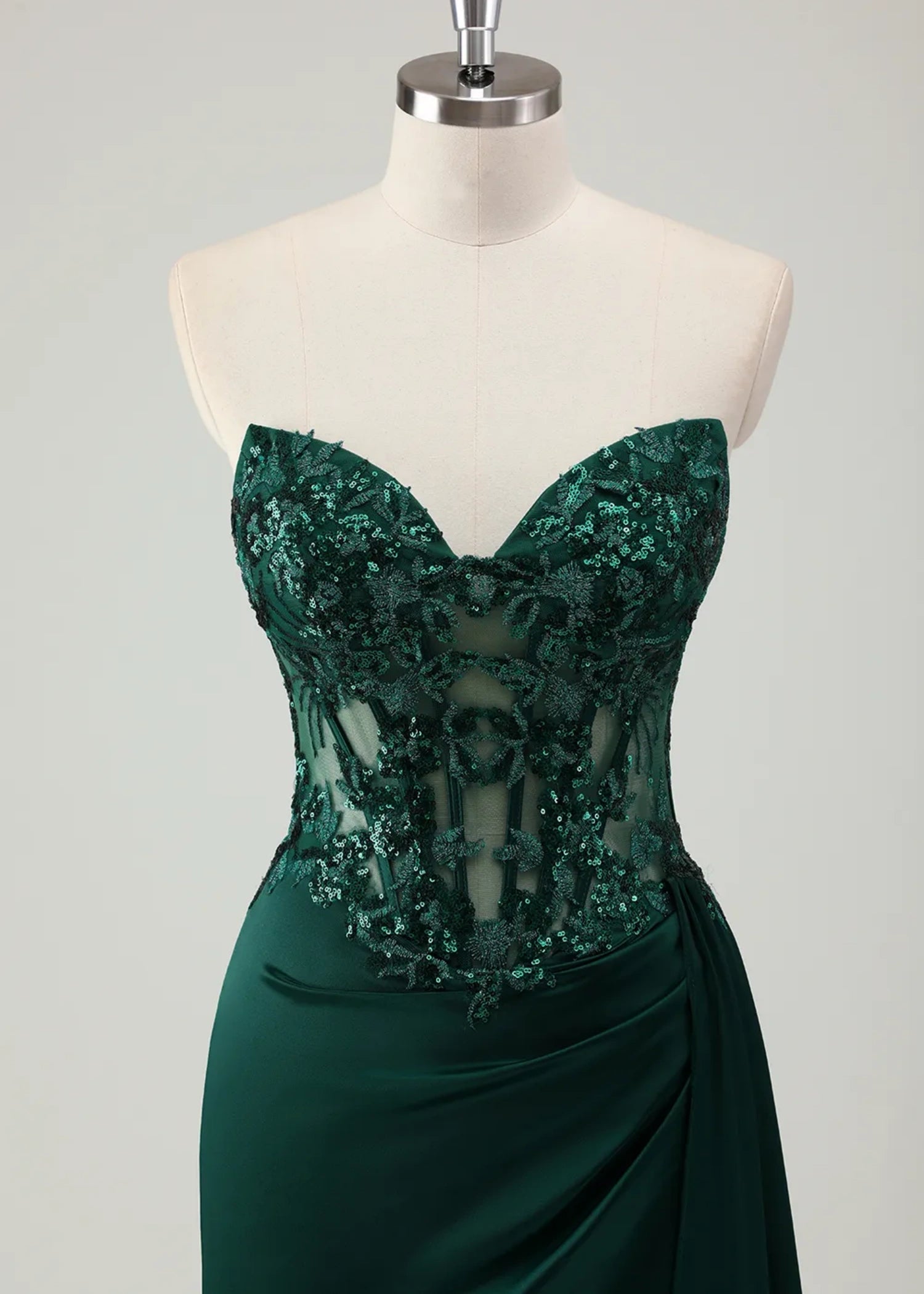 Molly | Mermaid Sweetheart Satin Corset Long Glitter Dark Green Prom Dress with Appliques - Dark Green - PromDressClub