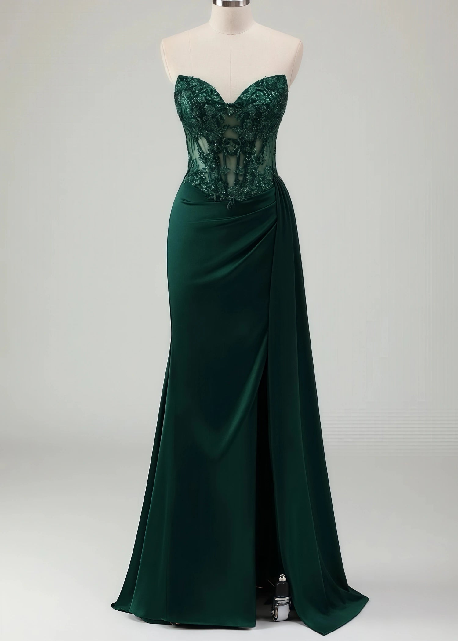 Molly | Mermaid Sweetheart Satin Corset Long Glitter Dark Green Prom Dress with Appliques - Dark Green - PromDressClub