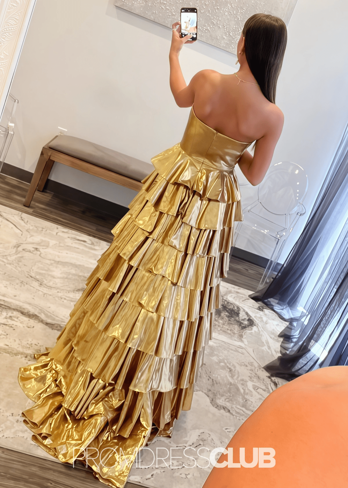 Mona | A Line Metallic Ruffle Tiered Ink Blue Long Prom Dress - Price #price_variant_lowest# - Gold - PromDressClub