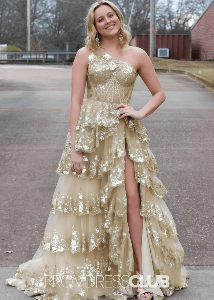 Monica | A Line Tiered Ruffle Black Tulle Sequin Long Prom Dress - Price #price_variant_lowest# - Gold - PromDressClub