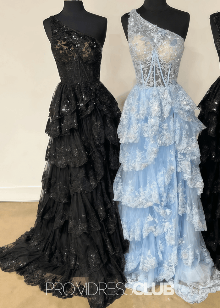 Monica | A Line Tiered Ruffle Black Tulle Sequin Long Prom Dress - Price #price_variant_lowest# - Light Blue - PromDressClub