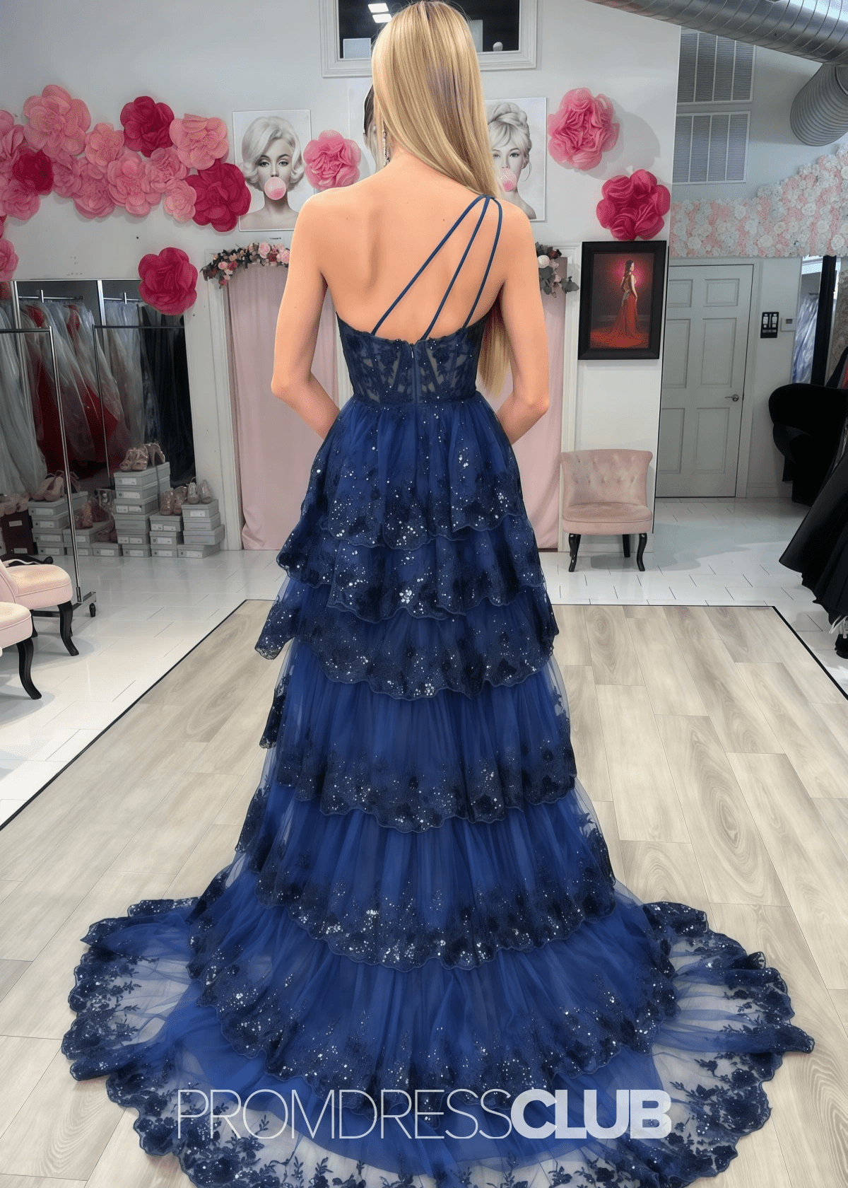Monica | A Line Tiered Ruffle Black Tulle Sequin Long Prom Dress - Price #price_variant_lowest# - Navy Blue - PromDressClub