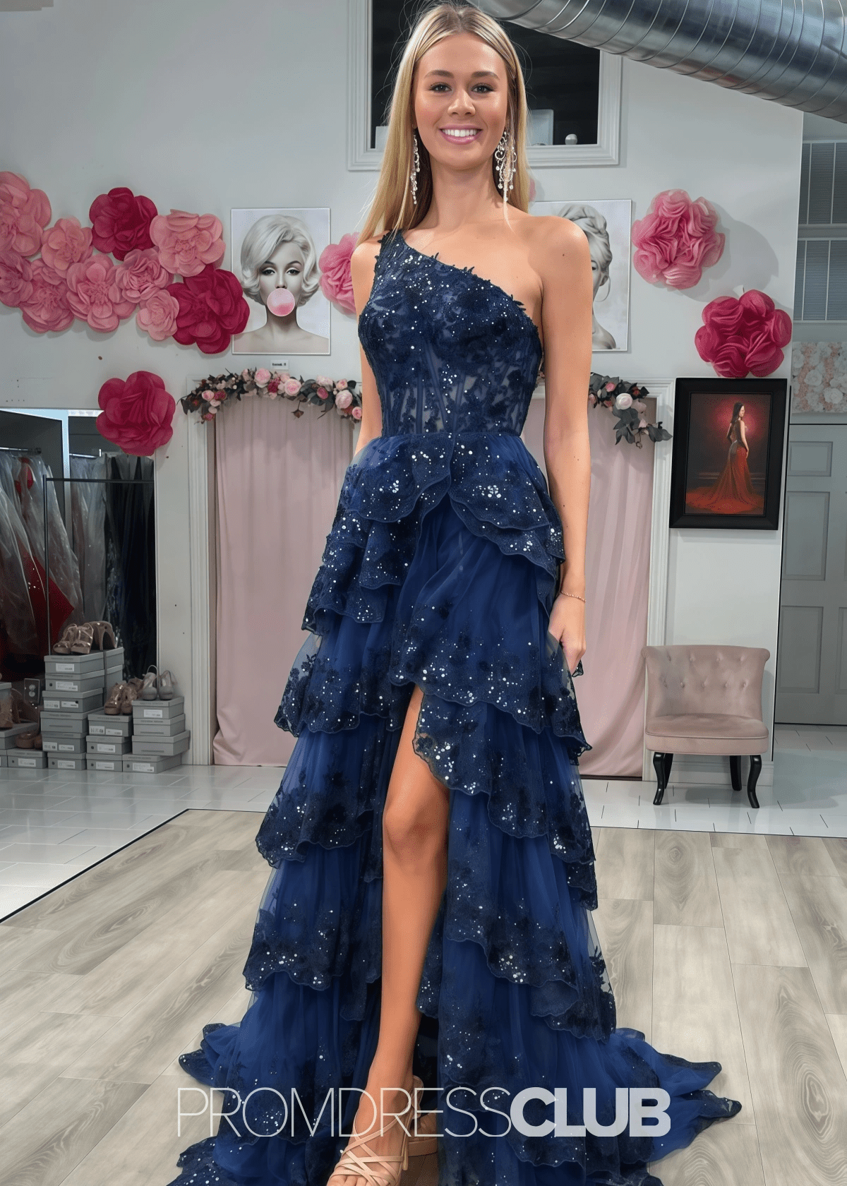 Monica | A Line Tiered Ruffle Black Tulle Sequin Long Prom Dress - Price #price_variant_lowest# - Navy Blue - PromDressClub