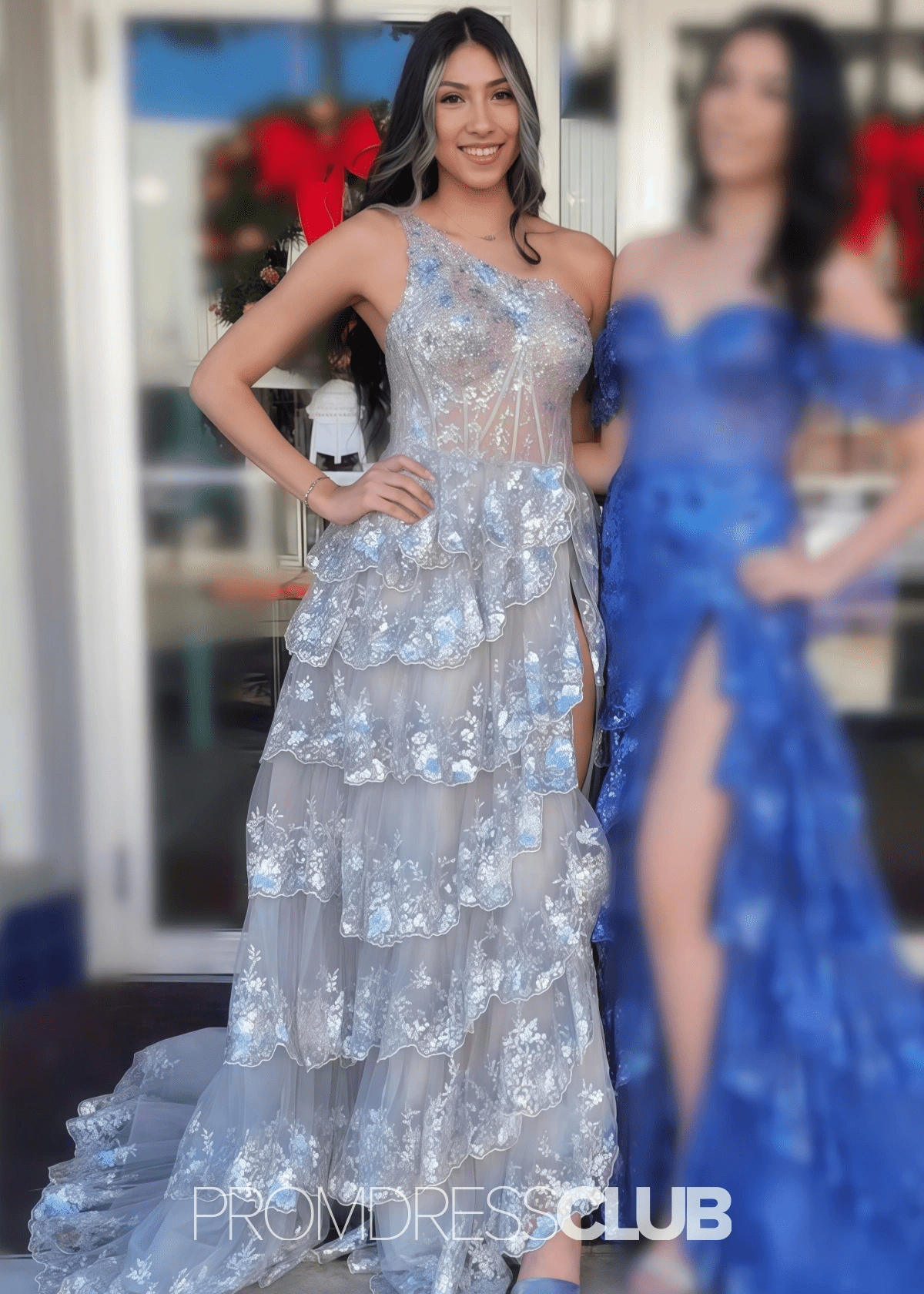 Monica | A Line Tiered Ruffle Black Tulle Sequin Long Prom Dress - Price #price_variant_lowest# - Silver - PromDressClub