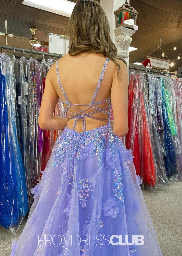 Muriel | A Line Lace Appliques Lavender Floral Long Prom Dress - Price #price_variant_lowest# - Lavender Floral - PromDressClub