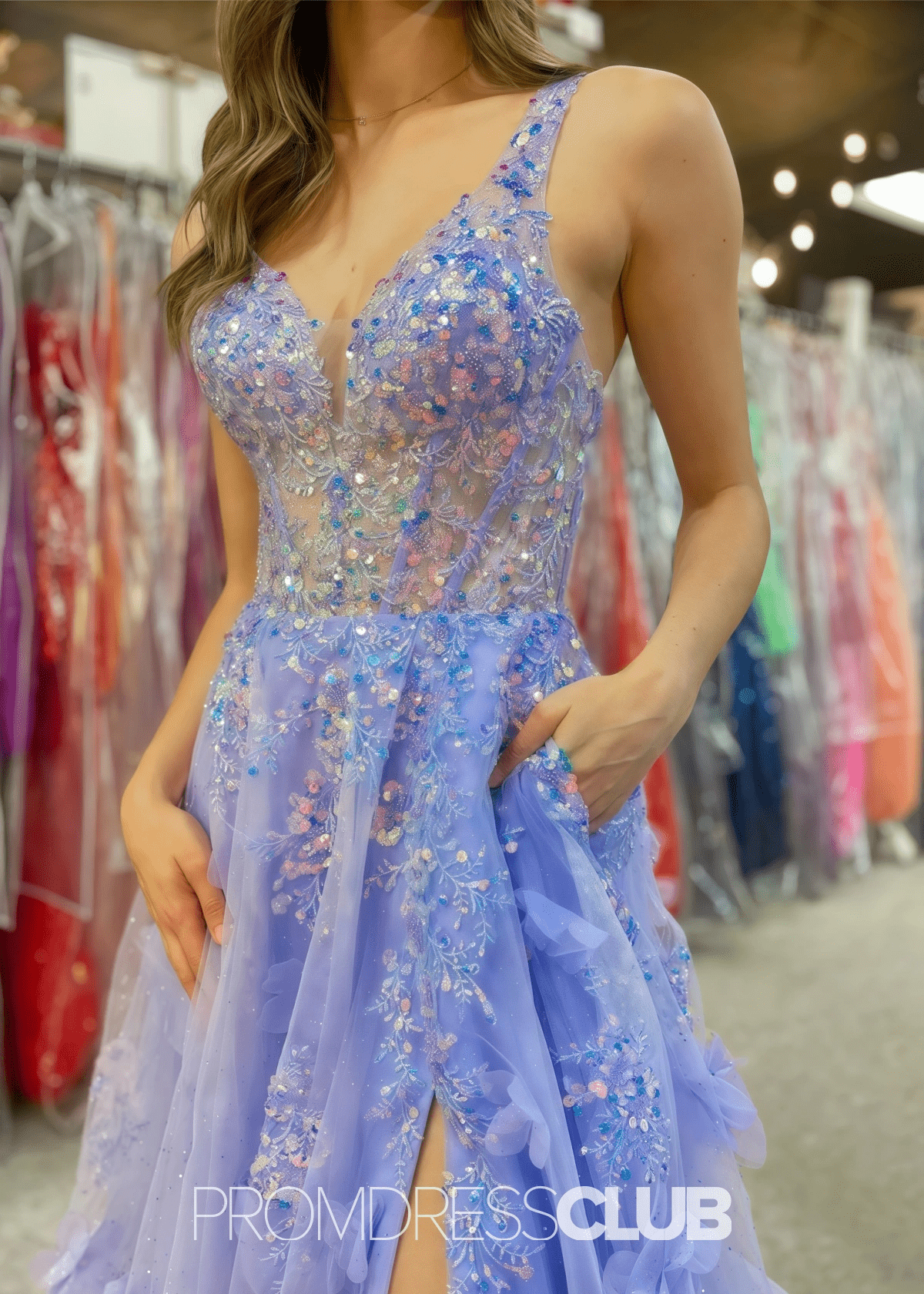 Muriel | A Line Lace Appliques Lavender Floral Long Prom Dress - Price #price_variant_lowest# - Lavender Floral - PromDressClub