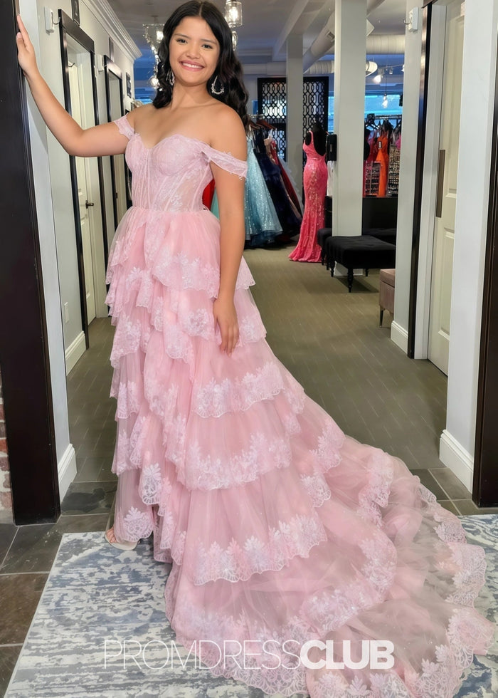 Myra | A Line Lace Appliques Light Pink Sequin Long Prom Dress - Price #price_variant_lowest# - Light Pink - PromDressClub