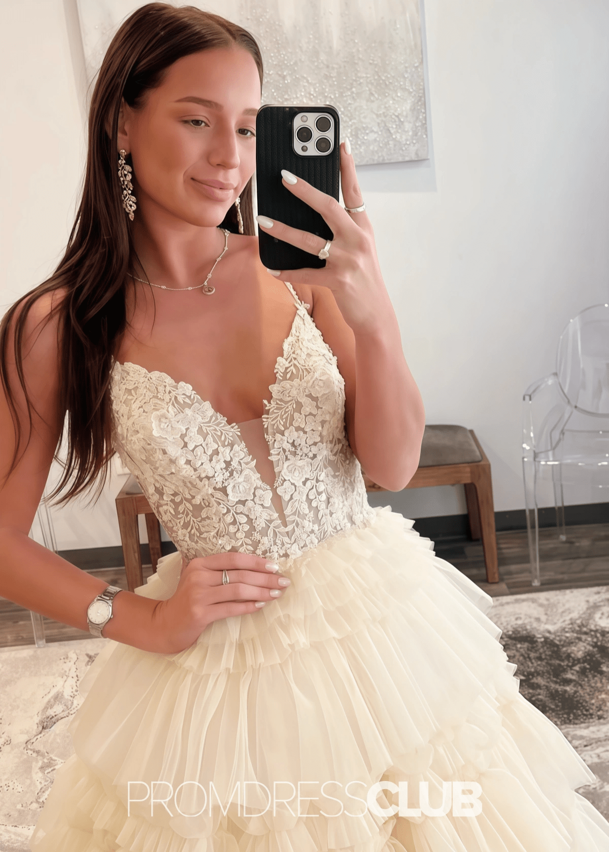 Nancy | A Line Ruffle Tiered Lavender Maxi Prom Dress - Price #price_variant_lowest# - Champagne - PromDressClub