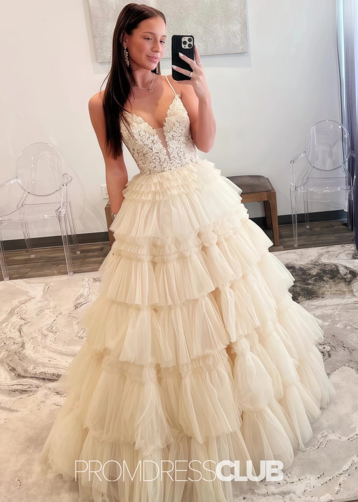 Nancy | A Line Ruffle Tiered Lavender Maxi Prom Dress - Price #price_variant_lowest# - Champagne - PromDressClub