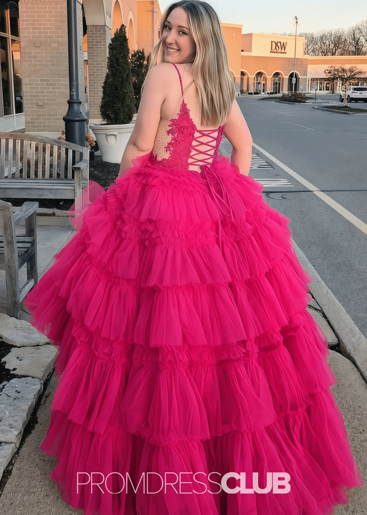 Nancy | A Line Ruffle Tiered Lavender Maxi Prom Dress - Price #price_variant_lowest# - Hot Pink - PromDressClub