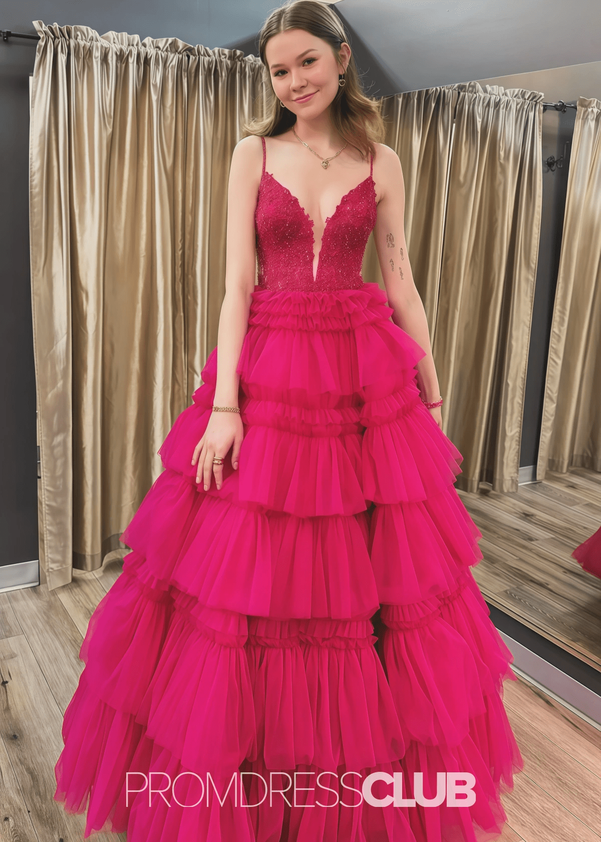 Nancy | A Line Ruffle Tiered Lavender Maxi Prom Dress - Price #price_variant_lowest# - Hot Pink - PromDressClub