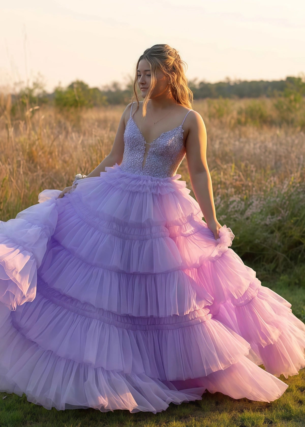 Nancy | A Line Ruffle Tiered Lavender Maxi Prom Dress - Price #price_variant_lowest# - Lavender - PromDressClub