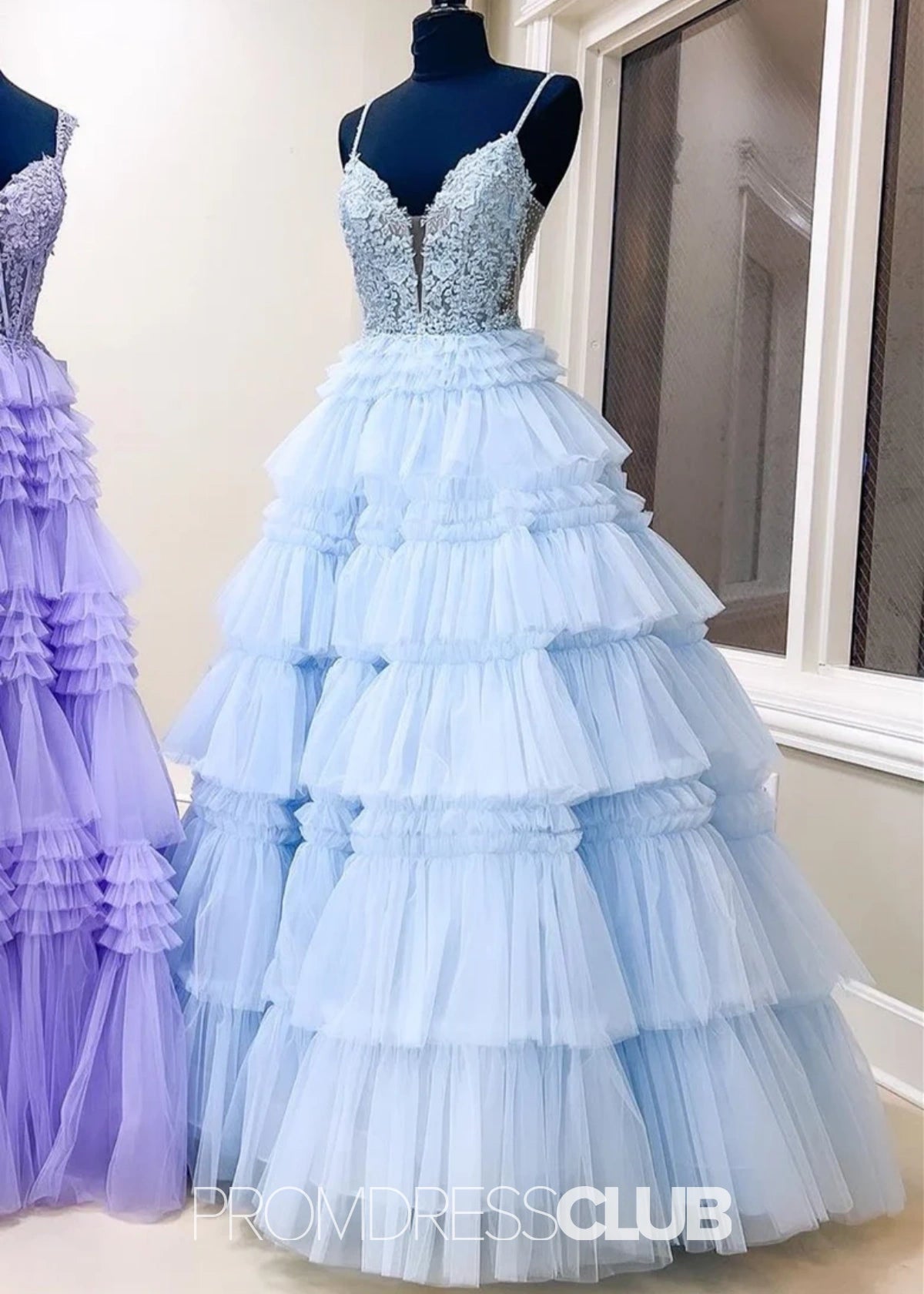 Nancy | A Line Ruffle Tiered Lavender Maxi Prom Dress - Price #price_variant_lowest# - Light Blue - PromDressClub