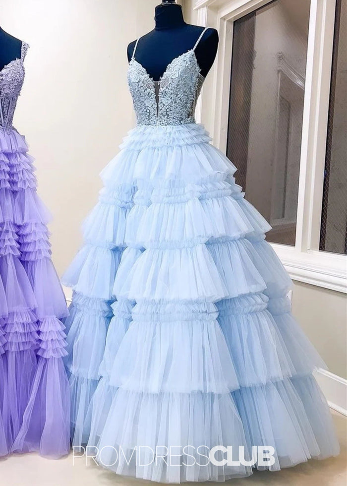 Nancy | A Line Ruffle Tiered Lavender Maxi Prom Dress - Price #price_variant_lowest# - Light Blue - PromDressClub