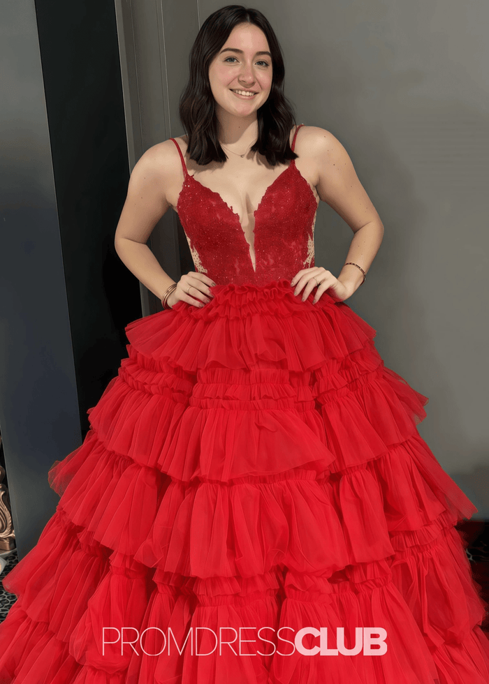 Nancy | A Line Ruffle Tiered Lavender Maxi Prom Dress - Price #price_variant_lowest# - Red - PromDressClub